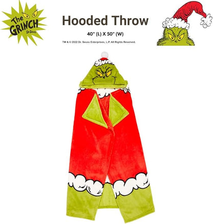 Franco Dr. Seuss The Grinch Holiday Christmas Kids Bedding Soft Cozy Hooded Throw Blanket, 40 in x 50 in, (Officially Licensed Product)