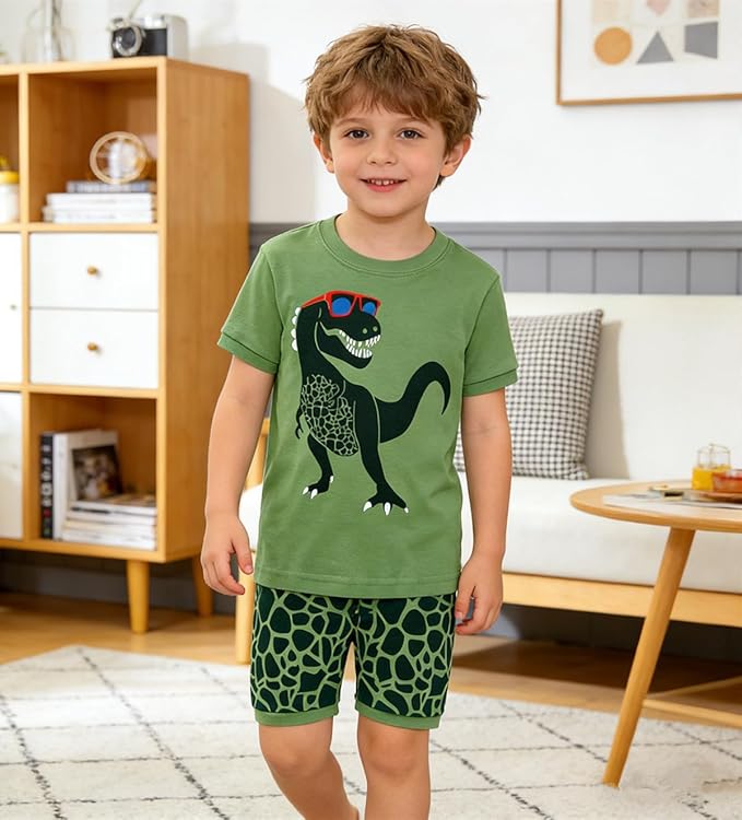 Popshion Boys Pajamas 100% Cotton Toddler Clothes Summer Pjs for Boy Planet Dinosaur Sleepwear Kids Short Sets 2-10 Years