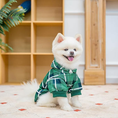 EXPAWLORER Plaid Dog Hoodie - British Style Warm Dog Sweater Shirt with Leash Hole,Pitbull Clothes Outfits,Winter Coat Apparel for All Breeds Puppy Girl Boy-Cat Apparel,Green Medium
