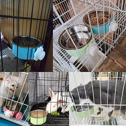 kathson Crate Dog Bowl, Removable Stainless Steel Hanging Pet Cage Bowl Food & Water Feeder Coop Cup for Cat, Puppy, Birds, Rats, Guinea Pigs 4pcs(2×Blue,1×Pink,1×Green)