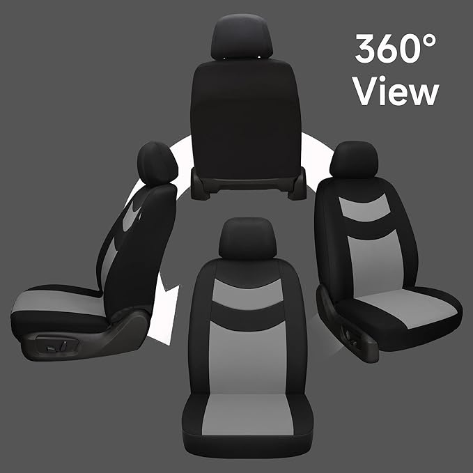 Universal Car Seat Covers for Front Seats, Cloth Front Car Seat Cover, Easy to Install, Breathable and Washable Universal Interior Covers for Auto, SUV, Sedan, Van, Airbag Compatible, Black & Grey