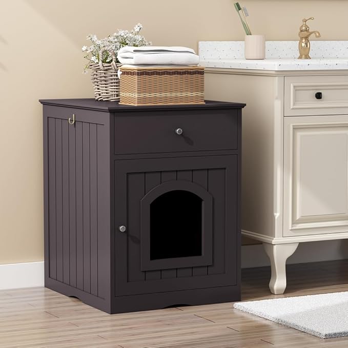 Large Wood House for Cats Litter Box Enclosure Furniture Hidde Out Box with Cabinet Drawer Indoor Pet House Side Table Wooden Crate (Brown)