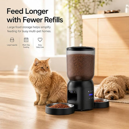 Automatic Cat Feeder with Camera, Dual Bowl 6L WiFi Pet Feeder | Dual 2K Cameras, Two Stainless Steel Bowls, AI Motion Tracking, App Control, 2-Way Audio, Dual-Band WiFi, 6L Capacity
