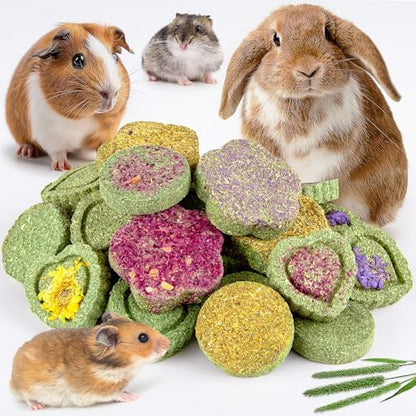 Sofier 32Pcs Timothy Hay Treats - Natural Chews for Teeth - Handmade Rabbit, Chinchilla, Gerbil, Rat, Hamster Toys - Bunny & Guinea Pig