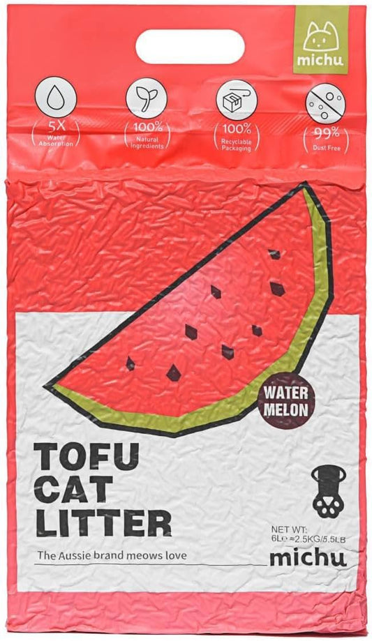 Michu Tofu Cat Litter Natural Clumping Tofu Cat Litter, Fast Clumping and Easily Scoop-able 5.5lb/88oz 5 Scents - Watermelon, 8 Pack