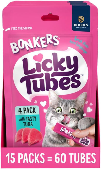 Bonkers Licky Tubes, Wet Lickable Tube Tasty Tuna Cat Treats, Real Meat Treat for Training or Food Topper for All Breeds and Ages (15 Pack, 60 Tubes) - Product Package May Vary