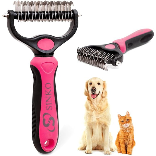 Sinko Deshedding Dog and Cat Brush, Dematting Comb with Extra Wide Double-Sided Stainless Teeth for Detangling, Deshedding, Brushing & Removing Shed Fur, Knots, Mats, and Tangles in Pets (Pink)