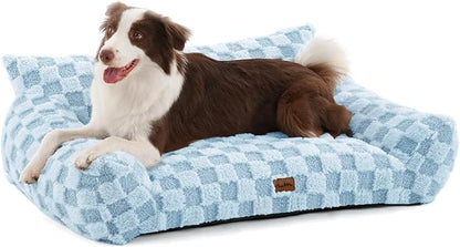 Made4Pets Dog Couch Bed, Soft Faux Fur Checkered Indoor Pet Sofa, Comfortable Fluffy Dog Sofa with Supportive Foam, Removable Washable Cover with Non-Slip Base, Sky Blue, Large