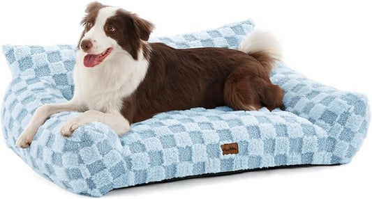 Made4Pets Dog Couch Bed, Soft Faux Fur Checkered Indoor Pet Sofa, Comfortable Fluffy Dog Sofa with Supportive Foam, Removable Washable Cover with Non-Slip Base, Sky Blue, Large