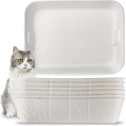 Disposable Cat Litter Box, Sturdy and Durable, Extra Thick, Large Size - 16.2"x12.6"x3.9", Water Resistant and Sustainable, Disposable Litter Boxes for Cats (White, 6-Pack)