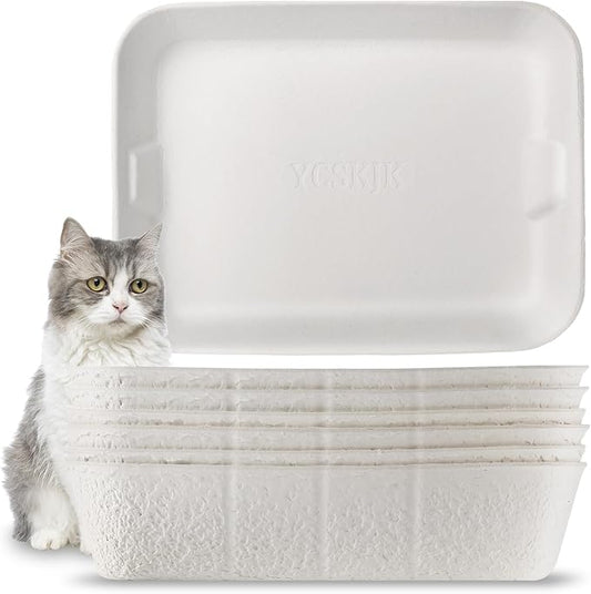 Disposable Cat Litter Box, Sturdy and Durable, Extra Thick, Large Size - 16.2"x12.6"x3.9", Water Resistant and Sustainable, Disposable Litter Boxes for Cats (White, 6-Pack)