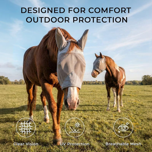 Raelitego Horse Fly Mask with Ears, Breathable Mesh UV Protection (M)
