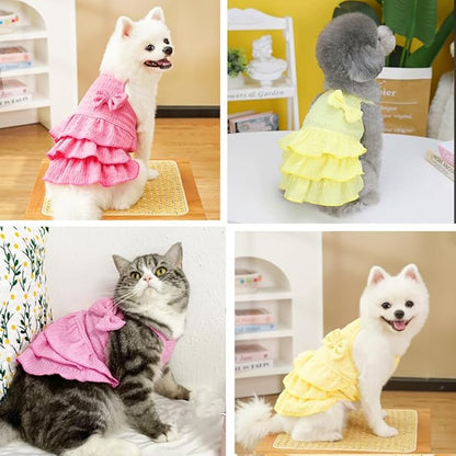 2 Pack Summer Dog Dresses with Bow Girl Puppy Clothes for Small Dog Spring Cat Outfit Sleeveless Pet Tiered Layered Cake Dress for Kitten Chihuahua Pomeranian Yorkie (Pink Yellow, Large)