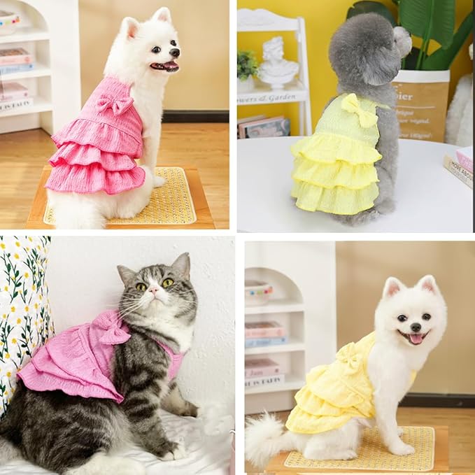 2 Pack Summer Dog Dresses with Bow Girl Puppy Clothes for Small Dog Spring Cat Outfit Sleeveless Pet Tiered Layered Cake Dress for Kitten Chihuahua Pomeranian Yorkie (Pink Yellow, Medium)
