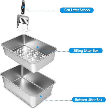 Stainless Steel Sifting Litter Box, 23.6" L x 15.7" W x 8" H Semi-Enclosed Metal Cat Litter Box with Sifting Pan, Scoop for Big Cat Easy Cleaning