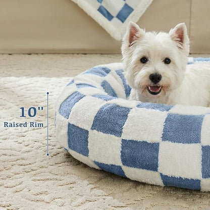 Ohocut Checkered Dog Bed, Cute Blue Retro Style Aesthetic Round Warming Pet Calming Beds for Small Dog and Cats, Plush Cozy Donut Dog Beds Washable, 30" L x 30" W x 8" Th