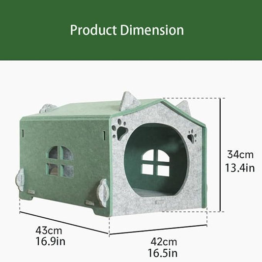 Removable Folding Model Cat Cottage Cat Bed, All Season Useful Litter Box, Fun for Cats or Dogs, The Peekaboo Foldable Felt Cat Cave and Cube for Small Medium Large Cats, Green