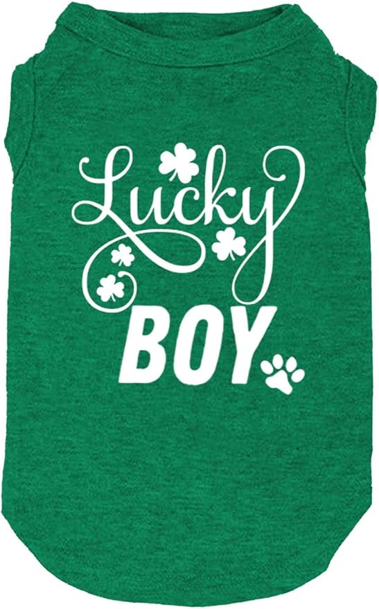 Dog Apparel Lucky Boy Letter Print Clover Shirts for Small Large Dog Vest Puppy Gift St Patrick's Day Costume (XX-Large, Green01)
