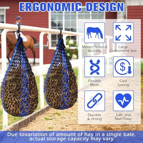 2 Pcs Slow Feed Hay Bag 36 Inch Ultra Slow Hay Feeders 1.5 x 1.5 Inch Holes Hay Nets for Horses Goat Livestock Horse Supplies, Black and Blue