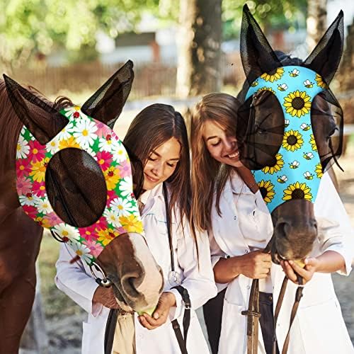 Weewooday 2 Pieces Horse Fly Masks for Horses Soft Fly Masks for Ears Smooth and Elasticity Mask with UV Protection(Flower Patterns,L)