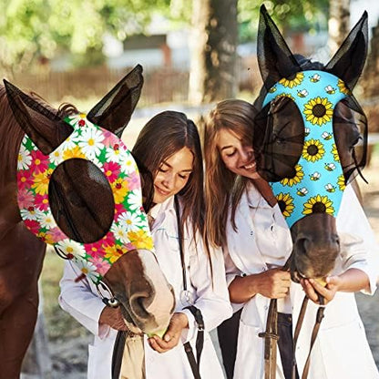 Weewooday 2 Pieces Horse Fly Masks for Horses Soft Fly Masks for Ears Smooth and Elasticity Mask with UV Protection(Flower Patterns,L)
