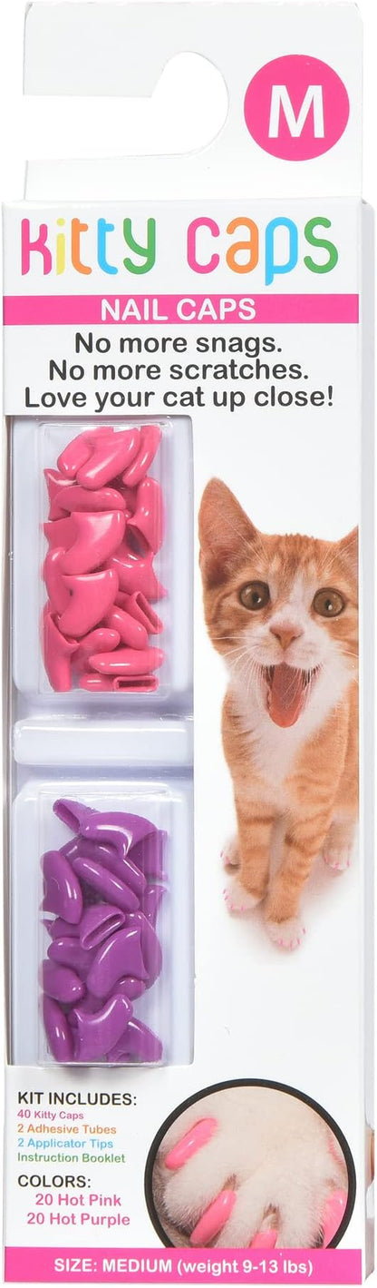 Kitty Caps Nail Caps for Cats, Hot Purple & Hot Pink - Safe, Stylish & Humane Alternative to Declawing Stops Snags & Scratches, Medium (9-13 lbs), 40 Count - 3 Pack
