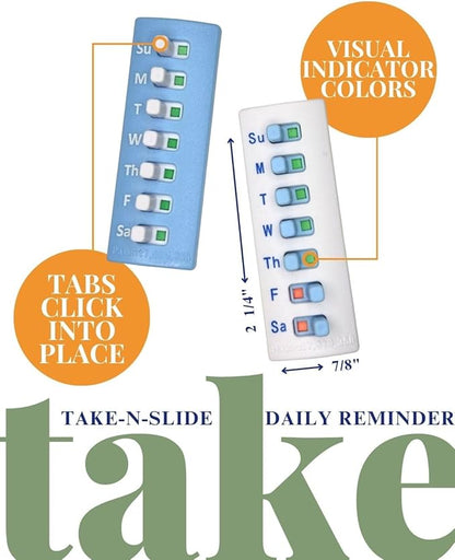 TAKE-N-SLIDE Peel and Stick Reusable for 12 + Refills, Pill/Medication/Vitamin/Pet Med Tracker & Reminder, Attach to Your Bottle, Organizer-Free, Curved‑Back (White, 5-Pack)