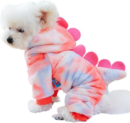 Dinosaur Dog Clothes for Small Dog Girl Boy, Fleece Winter Puppy Hoodies with Leash Ring, Cold Weather Coat for Cat, Funny Dinosaur Costume for Christmas Halloween. (Pink, Small)