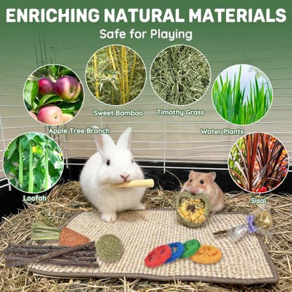 LECHONG Rabbit Toys, Natural Bunny Chew Toys with Sisal Scratch Nesting Mats Pads, Enrichment Toys for Bunnies Boredom, Suitable for Rabbits, Guinea Pigs, Chinchilla Hutch Cage Indoor Outdoor Use