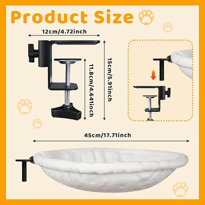 Desk Cat Hammock Bed, 360° Rotation Clamp-On Pet Perch for Home Office & Gaming Desks, No-Drill Space-Saving Cat Bed, 16.5" Round Supports 50 lbs, Includes Soft Washable Pad