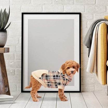 EXPAWLORER Plaid Dog Hoodie - British Style Warm Dog Sweater Shirt with Leash Hole,Pitbull Clothes Outfits,Winter Coat Apparel for All Breeds Puppy Girl Boy-Cat Apparel,Beige S-Medium
