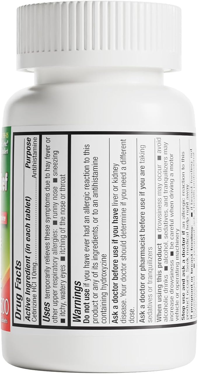 HealthA2Z® Allergy Relief, Cetirizine 10mg, Dye-Free Formula, 24-Hour Antihistamine, Indoor & Outdoor Allergy Relief, 500 Tablets