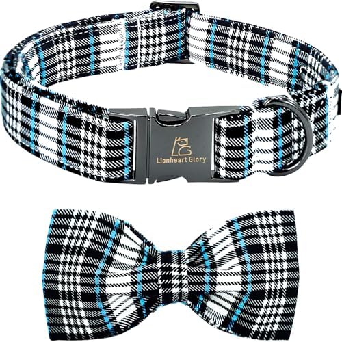 Lionheart glory Dog Bow Collar Blue and Black Plaid Dog Collar for Large Dogs,Boy Dog Collars with Bowtie Spring Summer Collars Soft Adjustable Pet Collar Bows