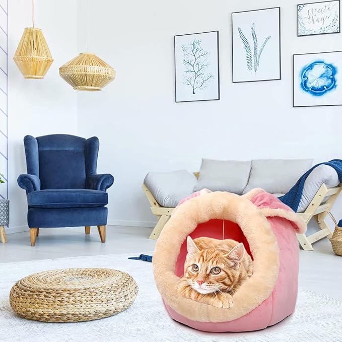 Cat Beds for Indoor Cats - Small Dog Bed with Anti-Slip Bottom, Rabbit-Shaped Cat/Small Dog Cave with Hanging Toy, Puppy Bed with Removable Cotton Pad, Super Soft Calming Pet Sofa Bed (Pink S)