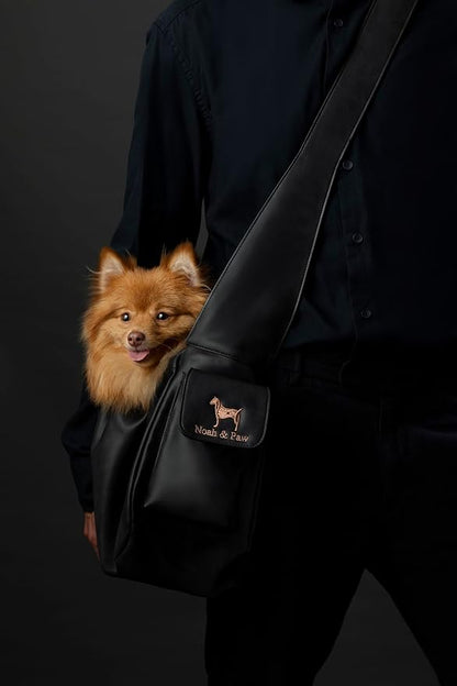Noah & Paw Dog Sling Carrier for Small Dogs 5-18lb, Dog Sling for Small Dogs and Cats, Dog Carrier with Adjustable Padded Strap, Vegan Leather Lined with Fur, Double Safety Feature, Machine Washable