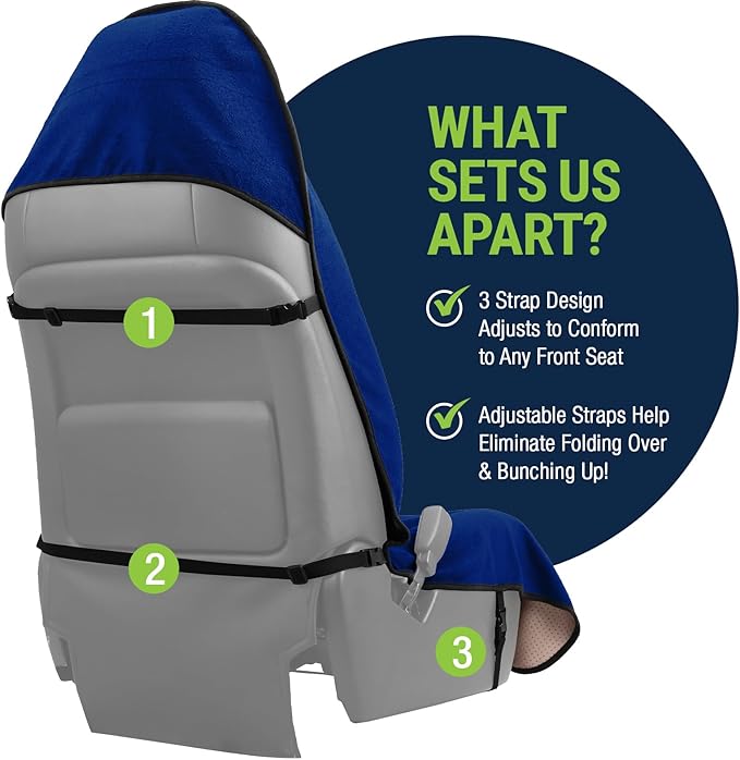 Season Guard Terry Cloth Sweat Towel Seat Cover; Carseat Towel Protector; Great for Gym Workout; Waterproof; Universal Fit for Car SUV Van Truck; EZ fit; Non Slip Grip; Machine Washable; 2pc Blue