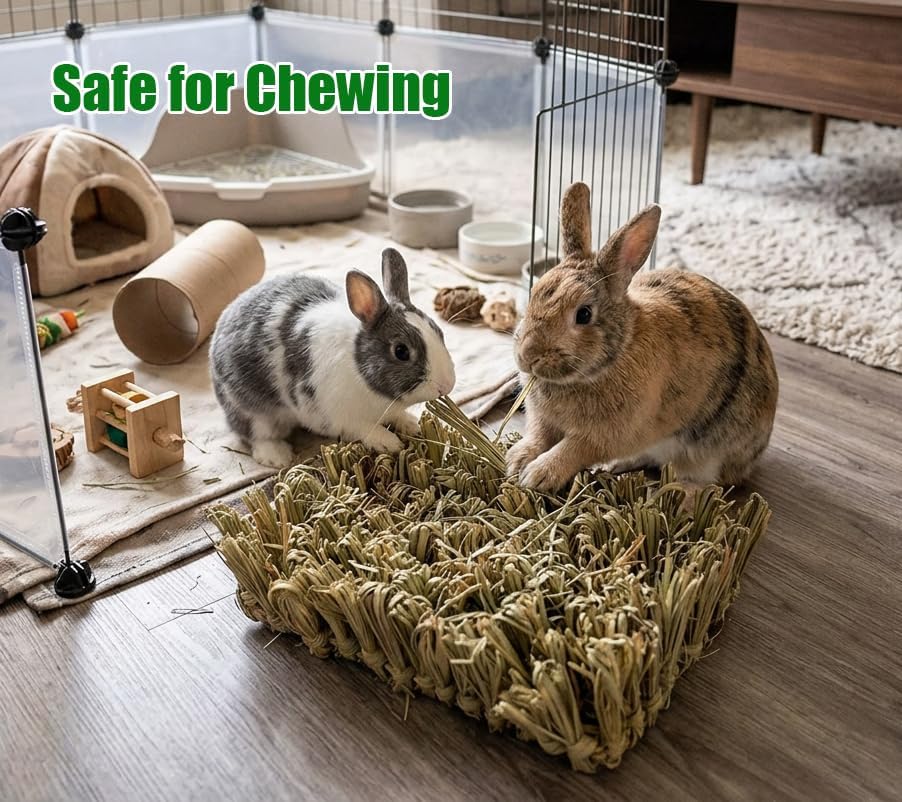 Hamiledyi Rabbit Grass Bed Bunny Natural Woven Foraging Mat Guinea Pig Hay Mat Enrichment Toy Scratch Pad for Chinchilla Squirrel Hedgehog(10.6x7.5x3.5inches)