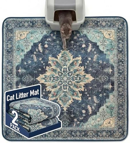 Hompet Cat Litter Mat 2 Pack, 54x54 Large Machine Washable Trapping Mats for Cats, Super Absorbent & Urine-Proof Cat Litter Box Mat for Floor, Waterproof & Non Slip Kitty Litter Rug