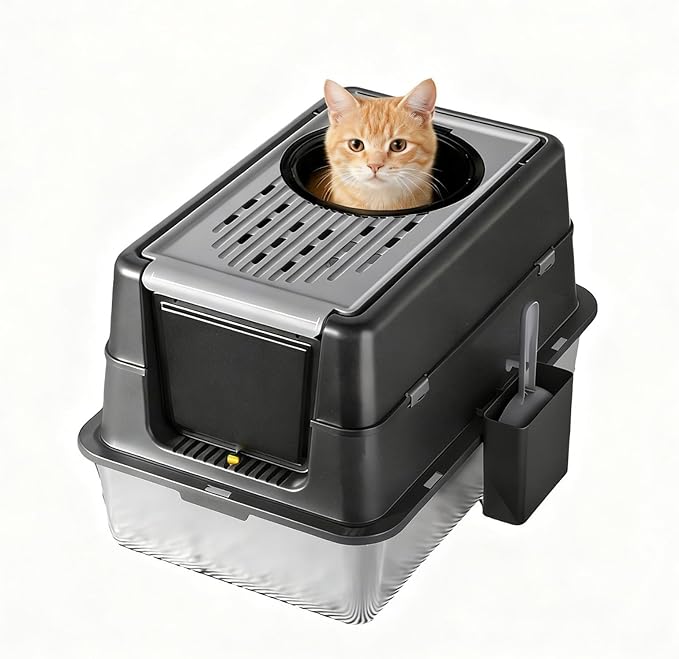 23.62" Large Stainless Steel Litter Box for Large Cats, Enclosed Cat Litter Pan with 180° Flip-Top Lid, Dual Entry Front Door & Top Entrance, Easy Clean Odor Control for Multi-Cat