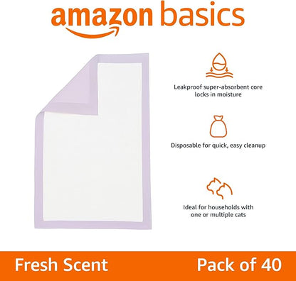 Amazon Basics Cat Litter Pee Pads, Odor Control with Fresh Scent, Super Absorbent, Disposable, Universal Fit Litter Box, Purple and White, 40 Count