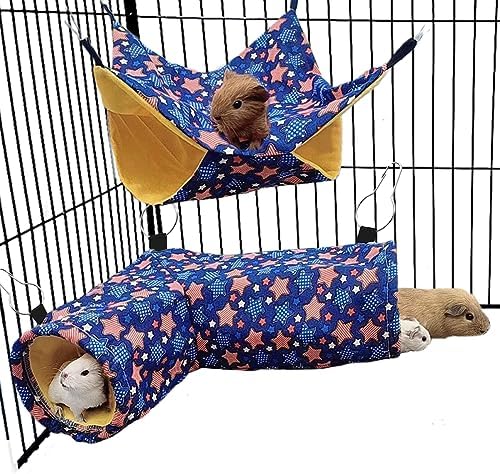 EAEDMY Guinea Pig Rat Tunnel Ferret Hammock, Small Animal Corner Tunnel & Tubes & Bed for Hedgehog Piggy Chinchilla Hideout Toys and Cage Accessories (3.Hammock&Tunnel)