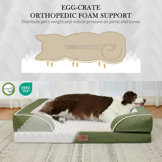 Comfort Expression Orthopedic Dog Bed for Extra Large Dogs 45x35 Inch, Waterproof Egg Crate Foam XL Pet Bed with Removable Bolsters, Dog Couch with Washable Cover & Non-Slip Bottom, Light Green