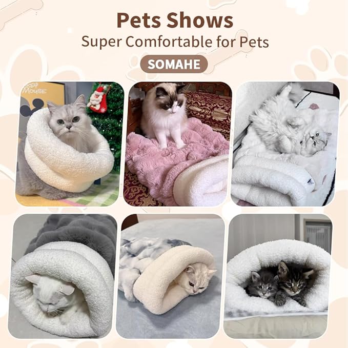 Self-Warming Cat Sleeping Bag, Enclosed Hooded Snuggle Sack with Dual-Side Plush Cat Cave Bed, Portable Foldable Pet Sleeping Pod for Indoor & Travel, Anti-Static, 21.7"x17.7"Blue White