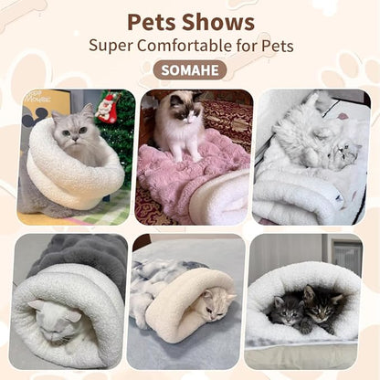 Self-Warming Cat Sleeping Bag, Enclosed Hooded Snuggle Sack with Dual-Side Plush Cat Cave Bed, Portable Foldable Pet Sleeping Pod for Indoor & Travel, Anti-Static, 21.7"x17.7"Blue White
