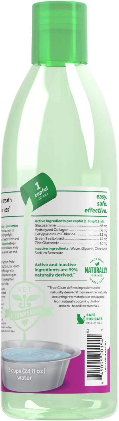 TropiClean Fresh Breath Water Additive for Dogs with Glucosamine, Hip and Joint Support for Dogs, Breath Freshener & Teeth Cleaning Solution, 16oz.