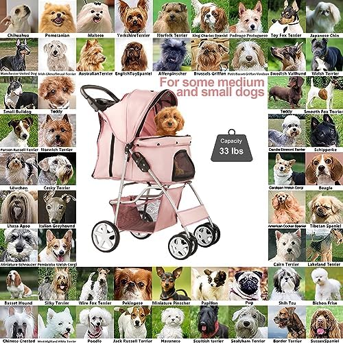 4-Wheel Pet Stroller for Small Dogs and Cats, Up to 33 lb, Pink