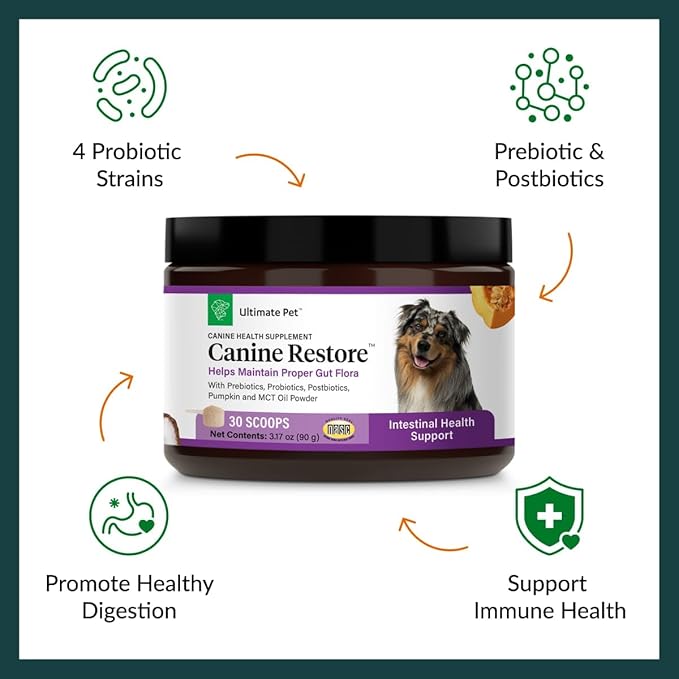 Ultimate Pet Nutrition Canine Restore, Gut Health Supplement with Prebiotics, Probiotics, & Postbiotics for Digestive Health & Immunity Support, Vet Formulated Powder Food Topper