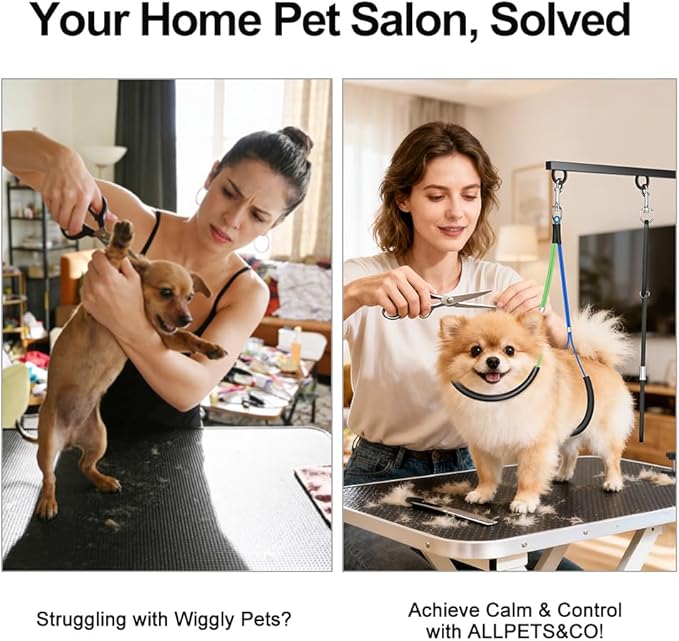 ALLPETS&CO Portable Foldable Dog Grooming Arm Kit: Adjustable 27"-40" with Heavy Duty Clamp & Hammock, 4pc Grooming Tools, No-Sit Restraint for Small Medium Dogs, Complete Home Salon Grooming Set