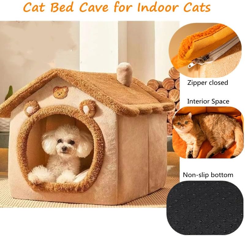 Cat Beds for Indoor Cats, Cute Bear Shape Cat Bed Cave, Brown