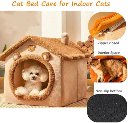 Cat Beds for Indoor Cats, Cute Bear Shape Cat Bed Cave, Pet House Cats Tent with Removable Cushion Pillow for Kittens Puppy Small Dogs (Brown, S-15.7x12.6x13.7in)